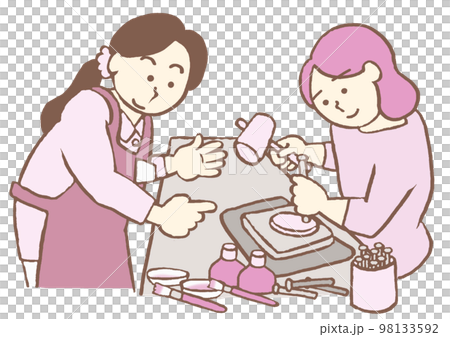 Psychiatric occupational therapy Illustration of a depressed woman and an occupational therapist participating in a leather work program Simple and simple 98133592