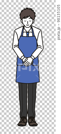 お辞儀をするエプロンを着た男性 98135105