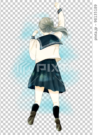 女子高生のジャンプする後ろ姿　青空背景 98135189