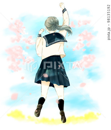 女子高生のジャンプする後ろ姿　桜が舞う春の背景 98135192