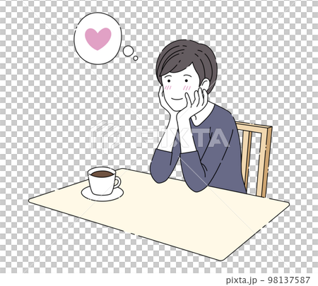 A heart-shaped balloon with a heart-thumping man at a cafe 98137587