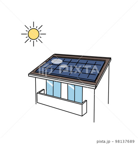太陽光発電、ソーラーパネルを屋根に取り付けた一軒家のイラスト 98137689
