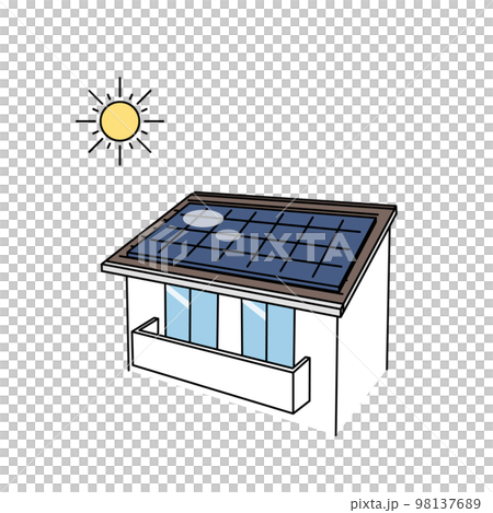 太陽光発電、ソーラーパネルを屋根に取り付けた一軒家のイラスト 98137689