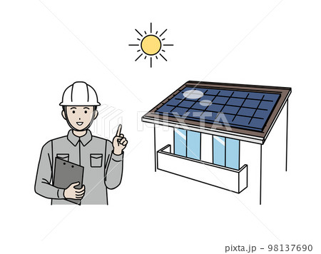 太陽光発電、ソーラーパネルについて説明する電気工事士のイラスト 98137690
