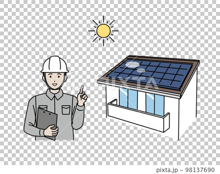 太陽光発電、ソーラーパネルについて説明する電気工事士のイラスト 98137690