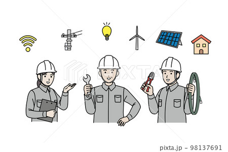 電気工事士 業者 作業着を着た男女のイラスト 電気工事士 業者 作業着を着た男女のイラスト 98137691