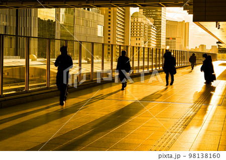 夕陽に輝く道をビジネスマンが行き交うイメージ写真 98138160