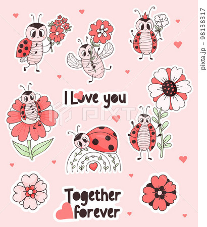 Set stickers cool ladybug and love. Cute insect ladybird with flower and romantic bug on rainbow. Vector isolated drawings for design, decor, printing, greeting cards, valentines Set stickers cool ladybug and love. Cute insect ladybird with flower and romantic bug on rainbow. Vector isolated drawings for design, decor, printing, greeting cards, valentines 98138317