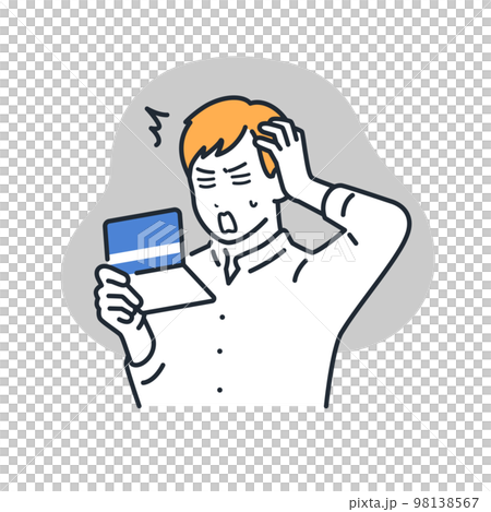 通帳を見てショックを受ける若い男性のシンプルなベクターイラスト素材 98138567