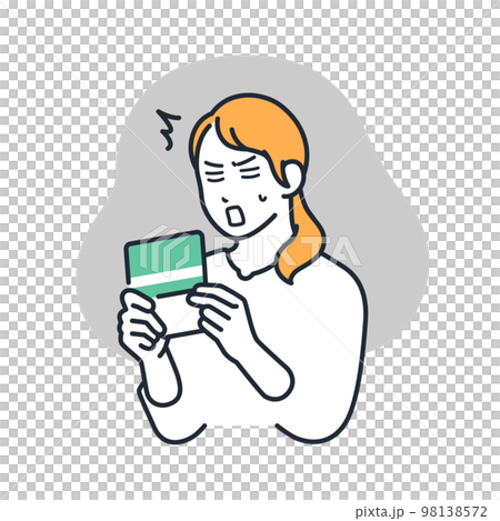 通帳を見てショックを受ける若い女性のシンプルなベクターイラスト素材 98138572