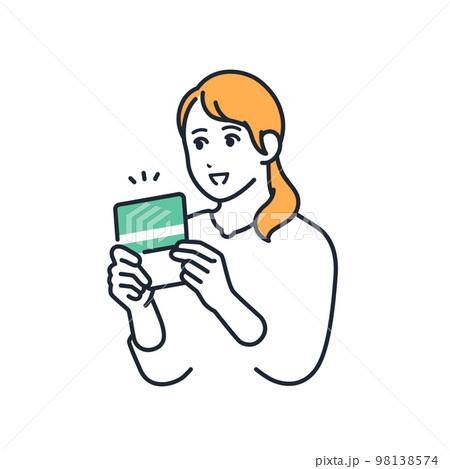 笑顔で通帳を見る若い女性のシンプルなベクターイラスト素材 笑顔で通帳を見る若い女性のシンプルなベクターイラスト素材 98138574