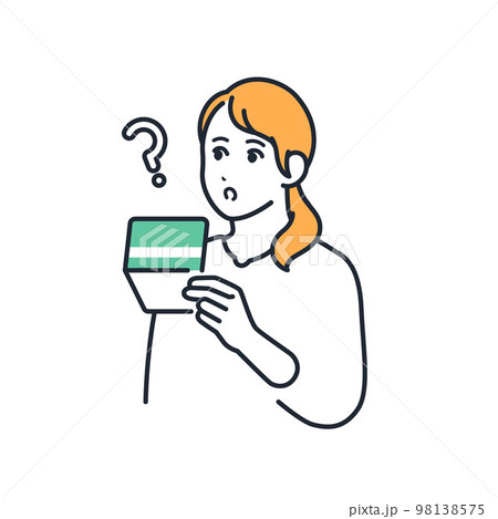 通帳を持って疑問符を浮かべる若い女性のシンプルなベクターイラスト素材 98138575