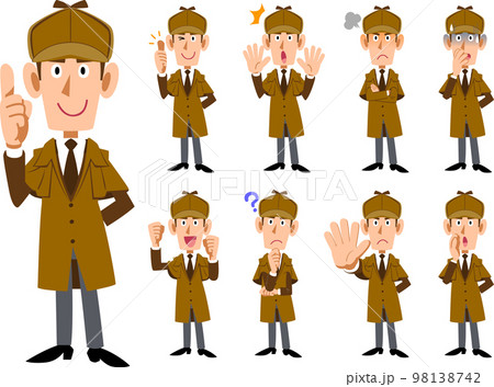 男性の探偵の全身イラスト　9種類の表情と仕草のセット2 98138742