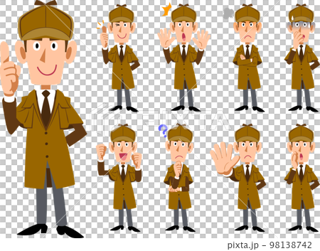男性の探偵の全身イラスト　9種類の表情と仕草のセット2 98138742