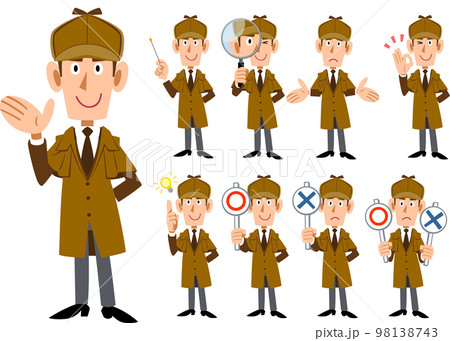 男性の探偵の全身イラスト　9種類の表情と仕草のセット1 98138743