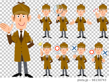 男性の探偵の全身イラスト　9種類の表情と仕草のセット1 98138743