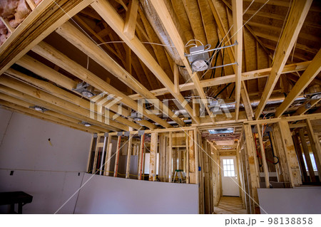 Before installing plasterboard, all communications and thermal insulation are installed in new building under construction 98138858