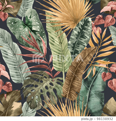 Beautiful seamless pattern with hand drawn watercolor colorful tropical palm leaves. Stock illustration. Wallpapper textile fabric design. Beautiful seamless pattern with hand drawn watercolor colorful tropical palm leaves. Stock illustration. Wallpapper textile fabric design. 98138932