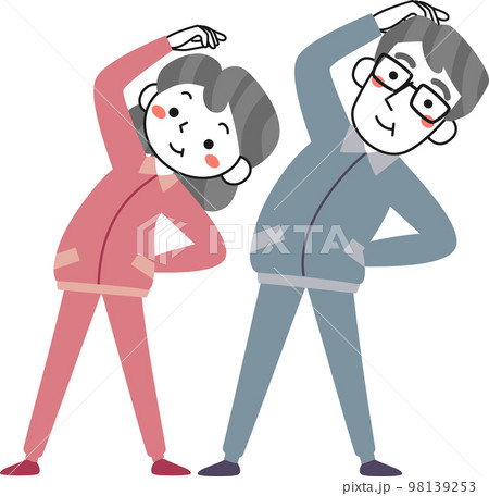 体側のストレッチをするシニア女性とシニア男性 98139253