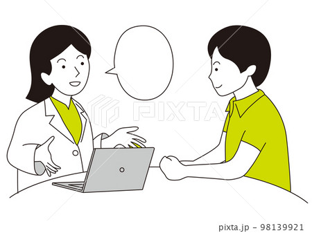 男性にパソコンを使って話をしている白衣の女性 男性にパソコンを使って話をしている白衣の女性 98139921