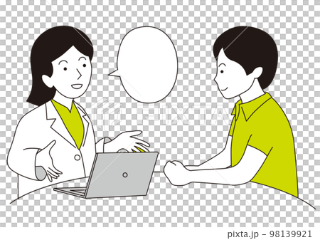男性にパソコンを使って話をしている白衣の女性 男性にパソコンを使って話をしている白衣の女性 98139921