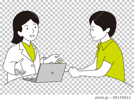 A woman in a white coat explaining to a man using a computer 98139922