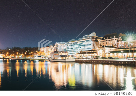 Helsinki, Finland. Bright Blue Starry Sky. Night View Of Etelaranta Street. Vanha Kauppahalli, Old Market Hall. Dark Blue Dramatic Sky With Shining Stars. Azure Color Sky 98140236