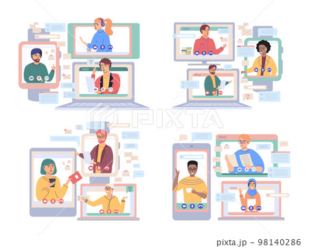 Virtual meeting, online teamwork. Computer with group of colleagues taking part in video conference 98140286