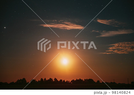 Moonrise Above Summer Forest park. Night Countryside Summer Starry Night Sky landscape 98140824