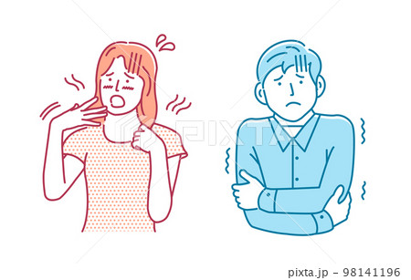 暑さ・寒さを感じている若い男女 (上半身) ベクターイラストセット 98141196