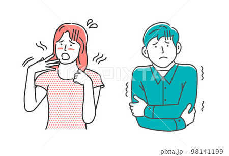 暑さ・寒さを感じている若い男女 (上半身) ベクターイラストセット 98141199