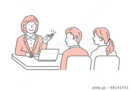 女性営業社員と打ち合わせをする男女（夫婦・家族）のベクターイラスト 98141451