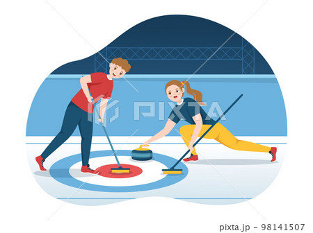 Curling Sport Illustration with Team Playing Game of Rocks and Broom in Rectangular Ice Ring in Championship Flat Cartoon Hand Drawn Template Curling Sport Illustration with Team Playing Game of Rocks and Broom in Rectangular Ice Ring in Championship Flat Cartoon Hand Drawn Template 98141507