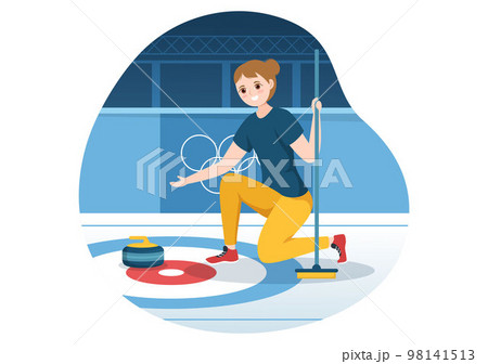 Curling Sport Illustration with Team Playing Game of Rocks and Broom in Rectangular Ice Ring in Championship Flat Cartoon Hand Drawn Template 98141513