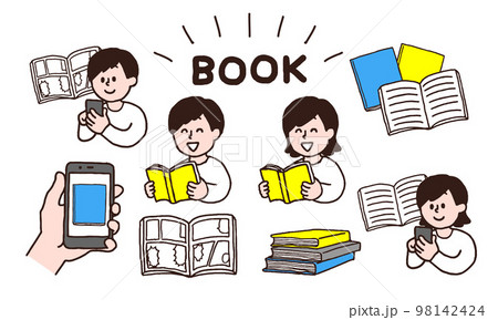 本・電子書籍を読む人物セット（手書きカラー） 98142424
