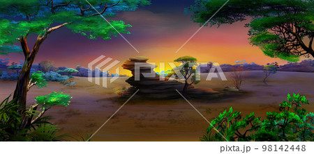 African landscape at sunset illustration 98142448