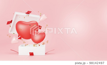 Happy Valentines Day. Minimal sweet love scene with display podium for mock up and product brand presentation. Pink Pedestal stand. Cute lovely heart background. Love day's design style. 3D render. 98142497