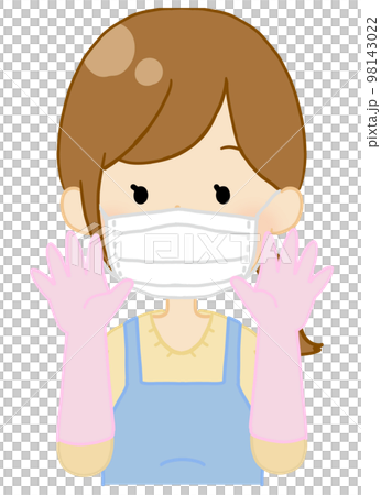 A woman wearing a mask, rubber gloves, and an apron 98143022