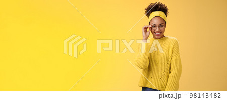 Attractive friendly charismatic female programmer frontend developer smiling broadly check glasses nose look confident lucky have excellent idea improve app workability, standing yellow background Attractive friendly charismatic female programmer frontend developer smiling broadly check glasses nose look confident lucky have excellent idea improve app workability, standing yellow background 98143482