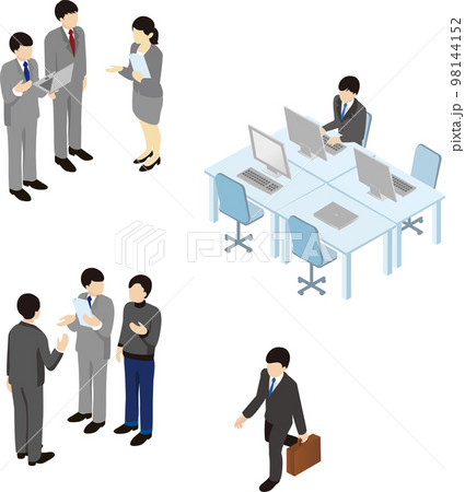 ビジネス　アイソメトリック　オフィス　会社　男性　女性　人物　イラスト素材セット 98144152