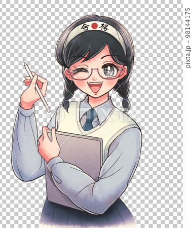 High school student with glasses studying with hand-drawn illustration/exam preparation app 98144175