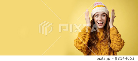 Close-up amused surprised pretty young european woman open eyes smiling broadly reacting astonished happy receiving incredible awesome surprise grinning joyfully celebrating birthday 98144653