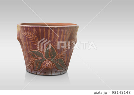 old brown and green clay pot on grey background, object, old, dirty, gift, vintage, retro, copy space 98145148