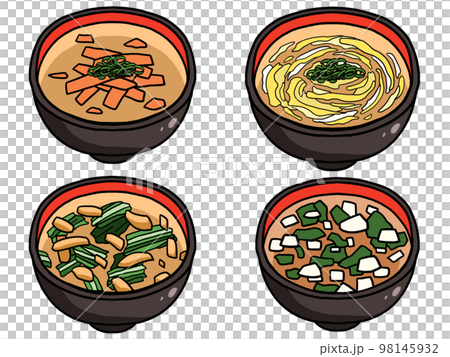 Illustration of a set of 4 kinds of miso soup Illustration of a set of 4 kinds of miso soup 98145932