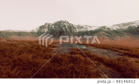 Plain with dried grass and mountain peaks in the background 98146912