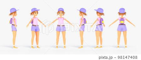 Girl character rotation animation front, side and rear view 3d render. Young contemporary woman with backpack in purple cap and shorts full body height. Cartoon female personage set 98147408