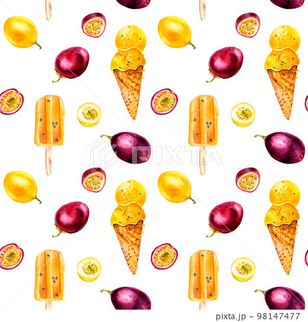 Purple, yellow maracuja and ice-cream watercolor seamless pattern isolated on white background. 98147477