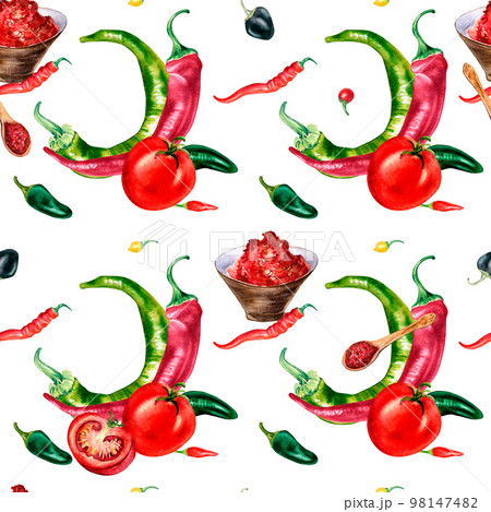 Chili hot peppers and tomatoes watercolor seamless pattern isolated on white. Chili hot peppers and tomatoes watercolor seamless pattern isolated on white. 98147482