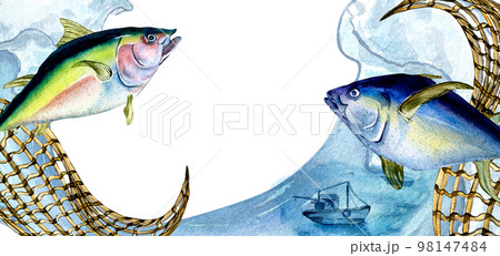 Banner of yellow tuna and fishnet watercolor illustration isolated on white. 98147484