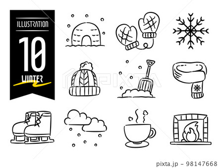 冬をモチーフにした手描き風のポップなアイコンイラスト10点セット 98147668